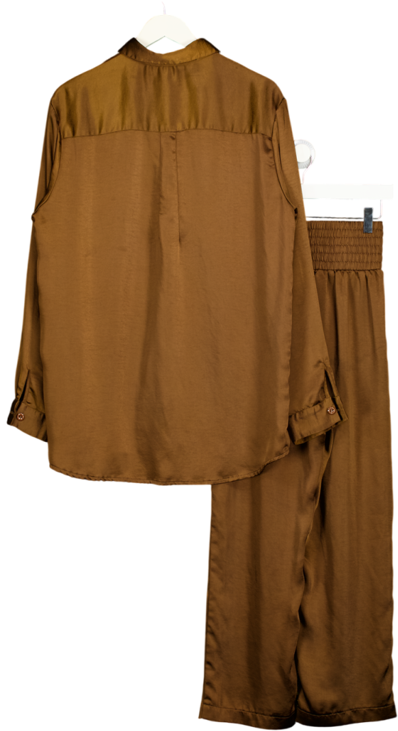 SUNDAR BAY Chocolate Brown Satin Relaxed Shirt (UK 14) And High Waisted Pants Set UK 8