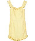REFORMATION Butter Yellow 100% Linen Shirred Frill Detail Mini Dress Sz0 UK 4