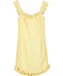 REFORMATION Butter Yellow 100% Linen Shirred Frill Detail Mini Dress Sz0 UK 4
