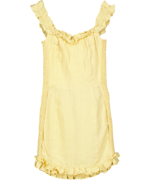 REFORMATION Butter Yellow 100% Linen Shirred Frill Detail Mini Dress Sz0 UK 4