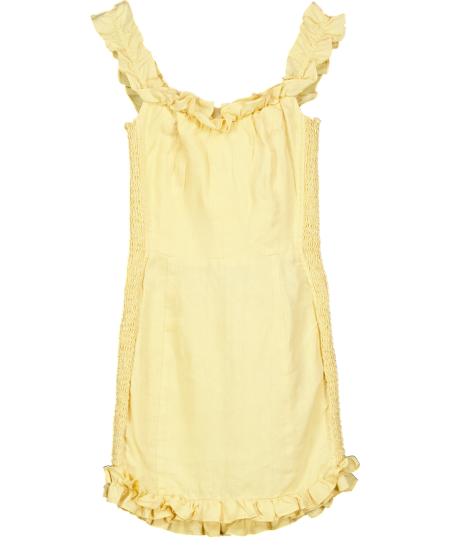REFORMATION Butter Yellow 100% Linen Shirred Frill Detail Mini Dress Sz0 UK 4