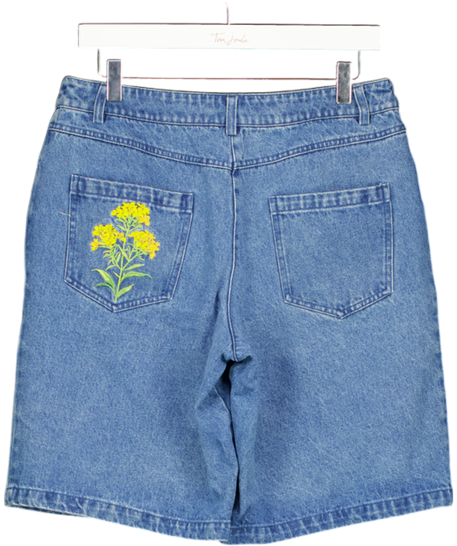 NA-KD Mid Blue Denim Shorts With Floral Embroidery UK 10