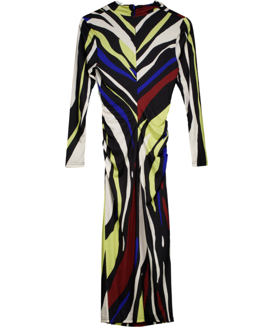 Karen Millen Multicoloured Zebra Print Ruched Detail High Neck Long Sleeve Crepe Midi Dress UK XS