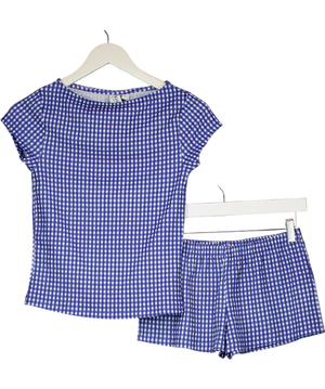 ASOS Blue Textured Gingham Micro Shorts And Slash Neck Top Set UK S
