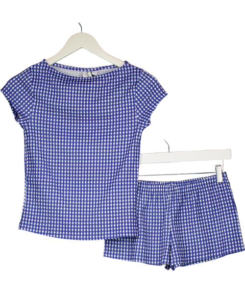 ASOS Blue Textured Gingham Micro Shorts And Slash Neck Top Set UK S