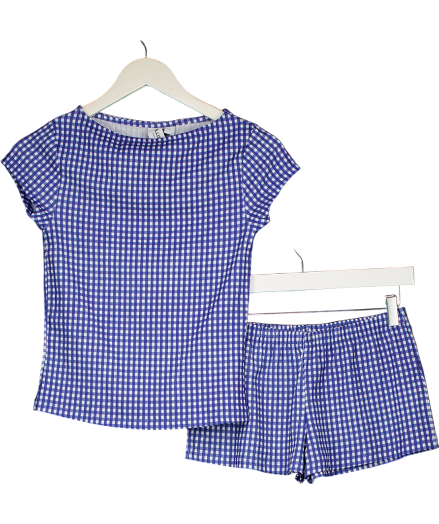 ASOS Blue Textured Gingham Micro Shorts And Slash Neck Top Set UK S