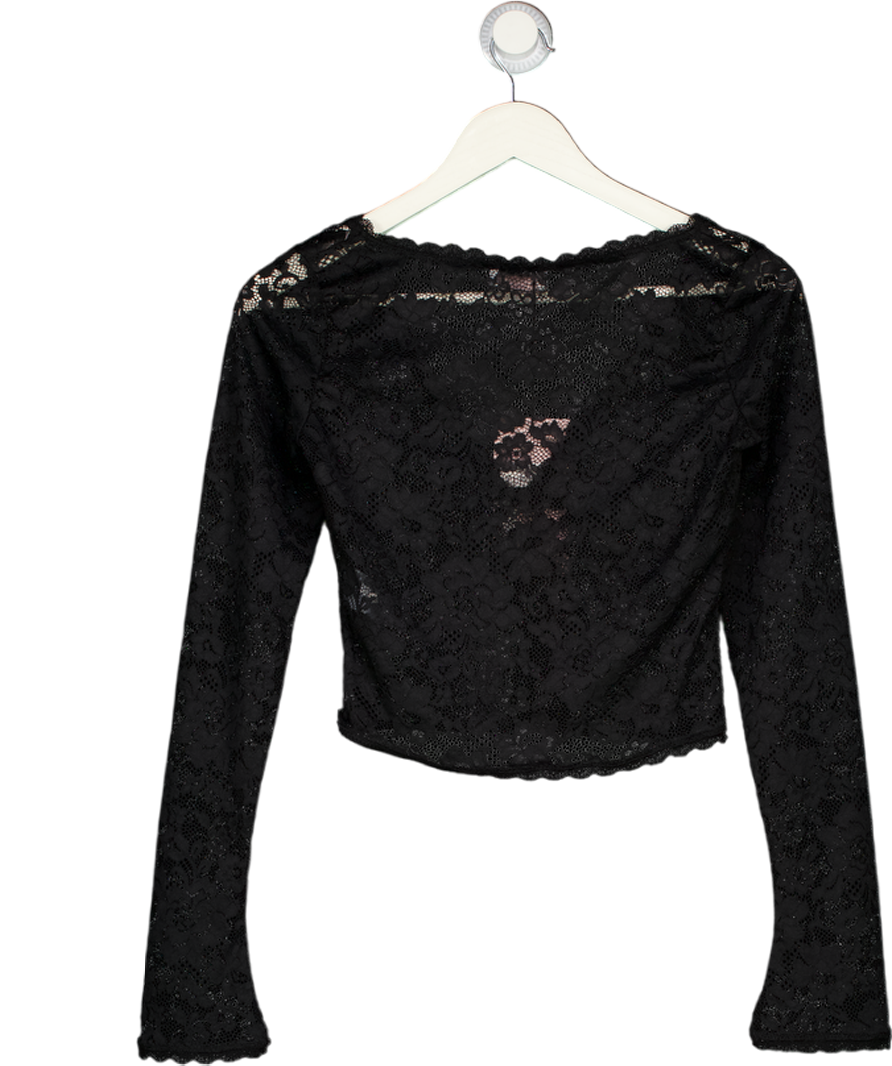 OH POLLY Sheer Lace Plunge-neck Long-sleeve Top In Black UK 8
