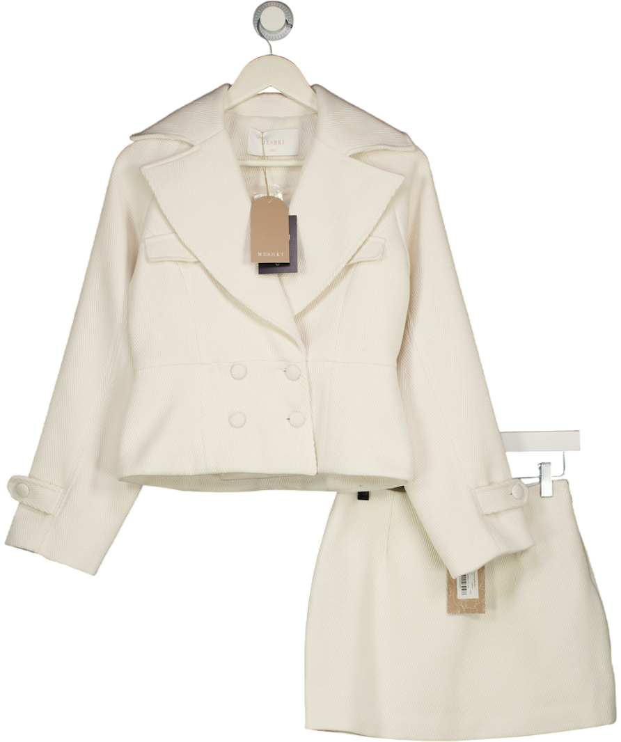 MESHKI 2-piece Cream Elara Cropped Collared Jacket  And Mini Skirt Set UK XXS