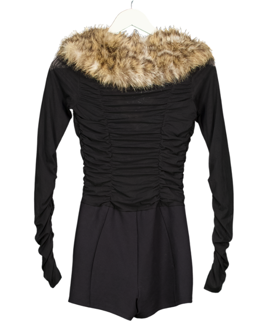 OH POLLY Black Faux Fur-trim Corset Playsuit UK S