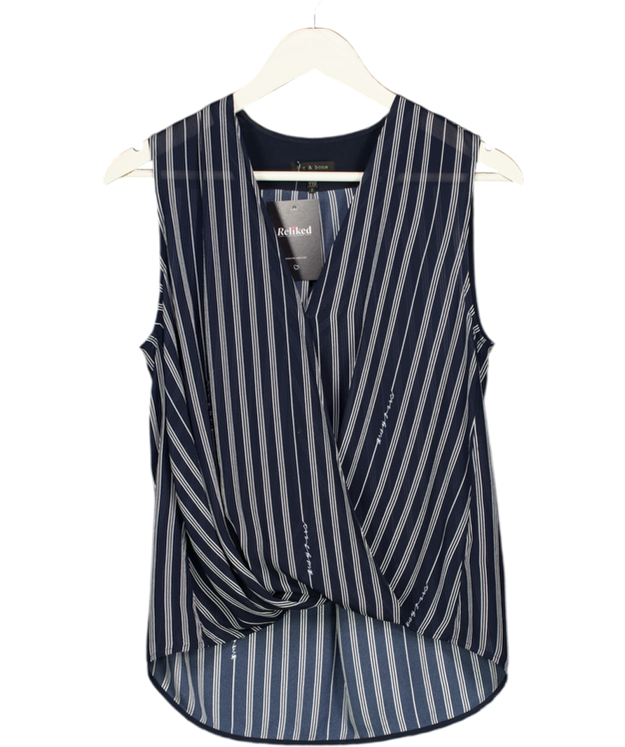 RAG & BONE Navy Blue Striped Sleeveless Wrap Top UK XXS
