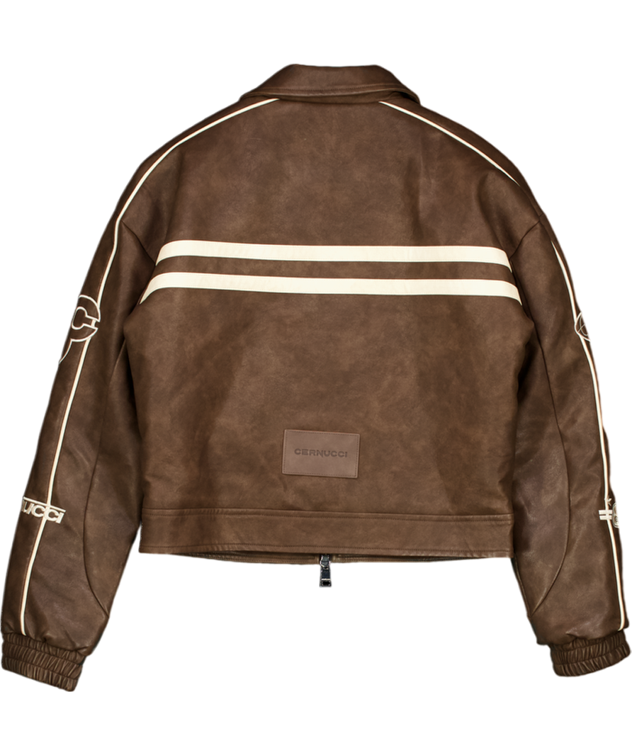 CERNUCCI Brown Pu Moto Badge Harrington Jacket UK S