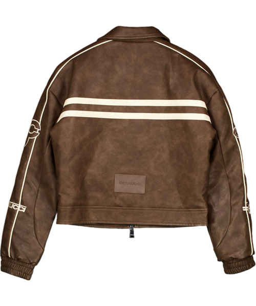 CERNUCCI Brown Pu Moto Badge Harrington Jacket UK S