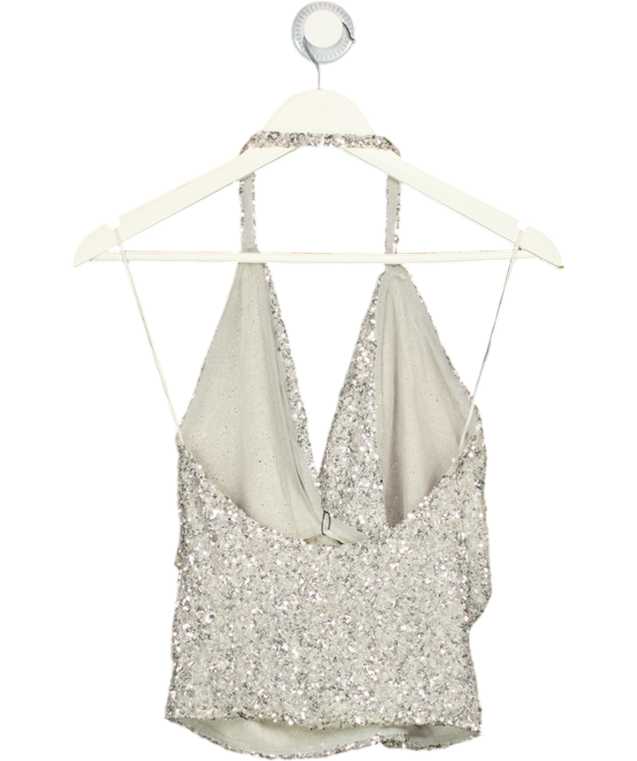 ZARA Metallic Silver Sequin Halter Neck Top UK S
