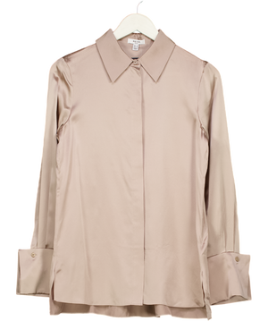 REISS Beige Hailey Silk Double-cuff Button-through Shirt UK 8