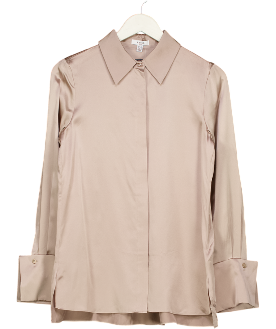 REISS Beige Hailey Silk Double-cuff Button-through Shirt UK 8