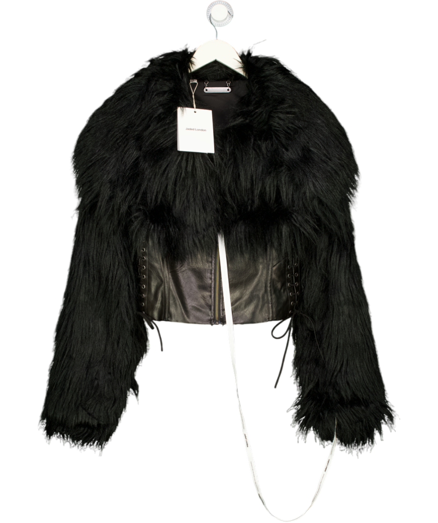 JADED LONDON Black Cropped Faux Fur Trimmed Jacket UK S
