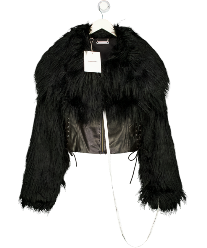 JADED LONDON Black Cropped Faux Fur Trimmed Jacket UK S