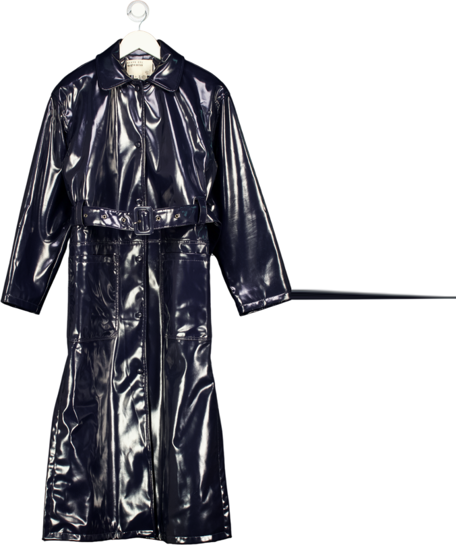 TED BAKER Navy Blue Tinnah Single-breasted Vinyl Trench Coat Sz0 UK 6
