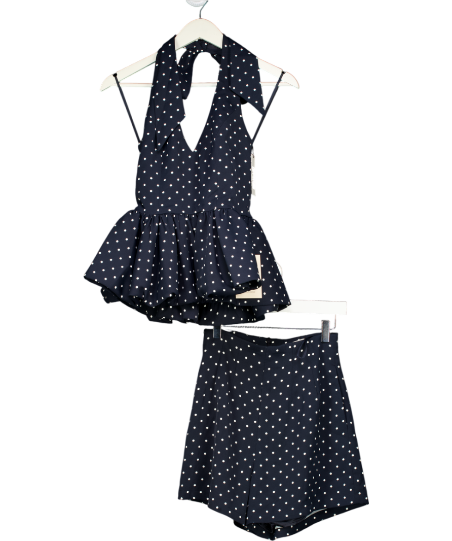ODDMUSE 2-piece Navy Blue Polka Dot Peplum Top And Shorts Set UK XS