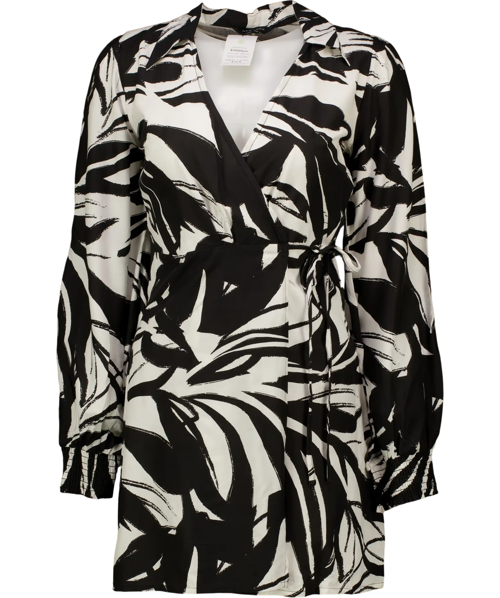 New Look Black Abstract Long Puff Sleeve Mini Wrap Dress UK 8