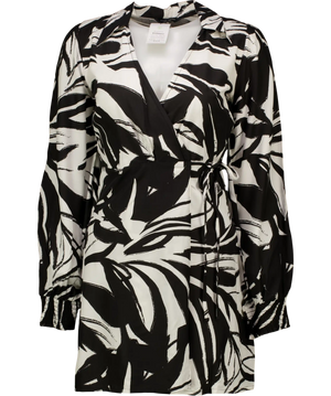 New Look Black Abstract Long Puff Sleeve Mini Wrap Dress UK 8