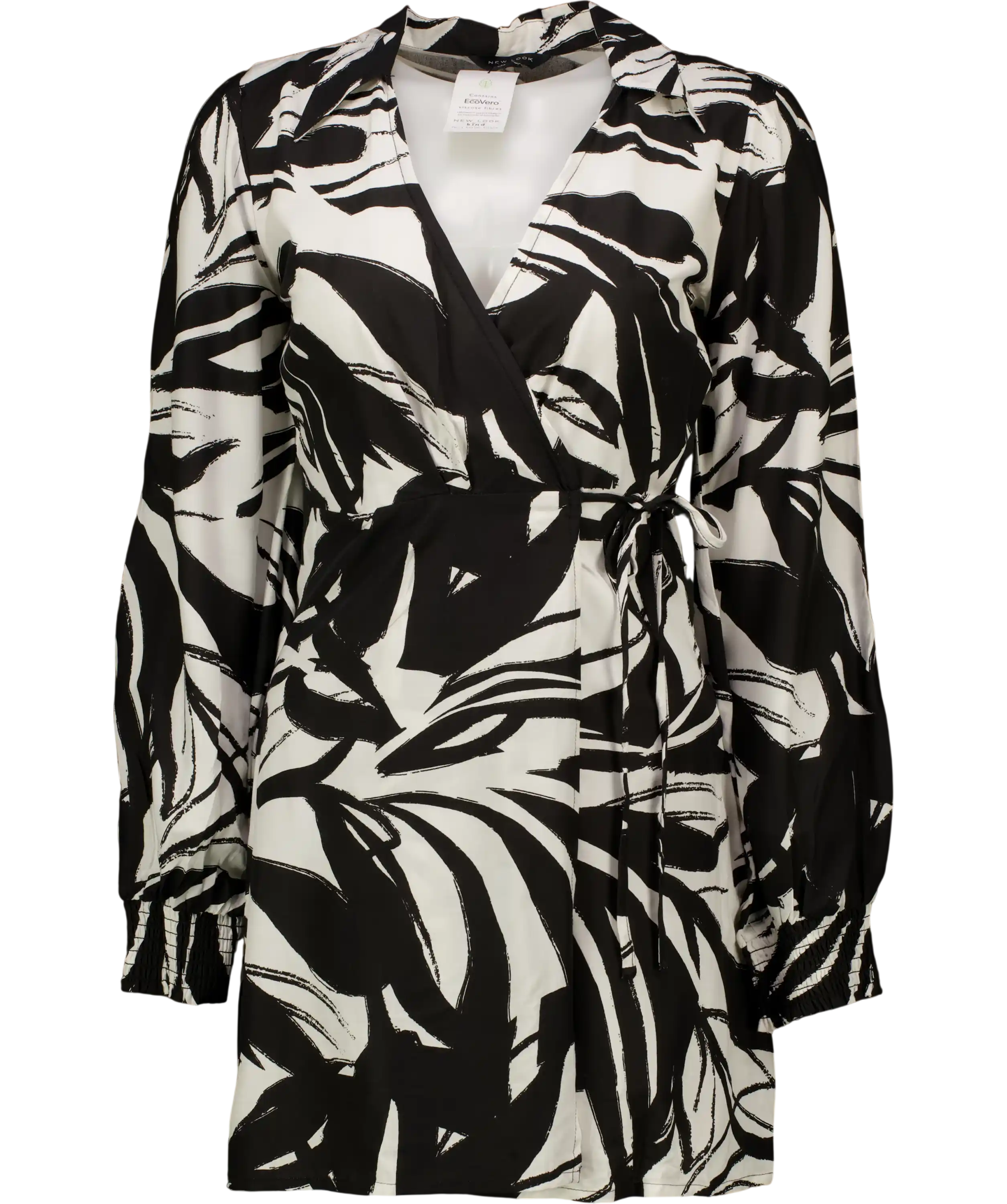 New Look Black Abstract Long Puff Sleeve Mini Wrap Dress UK 8