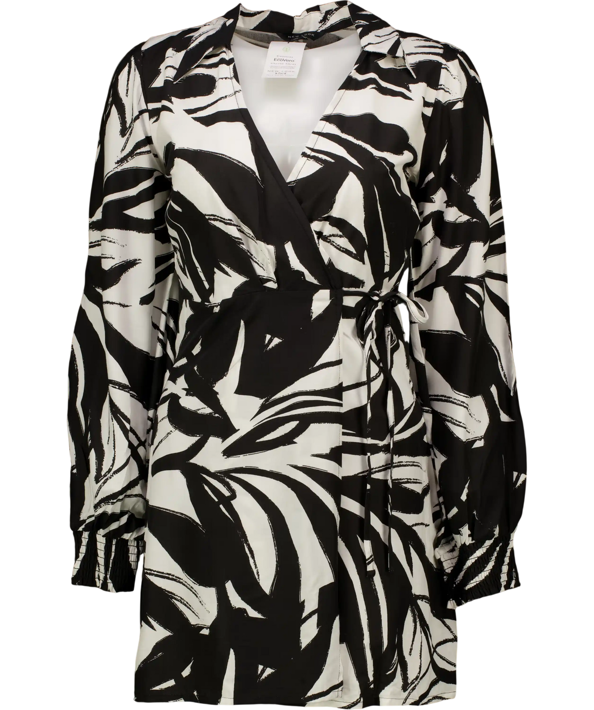 New Look Black Abstract Long Puff Sleeve Mini Wrap Dress UK 8