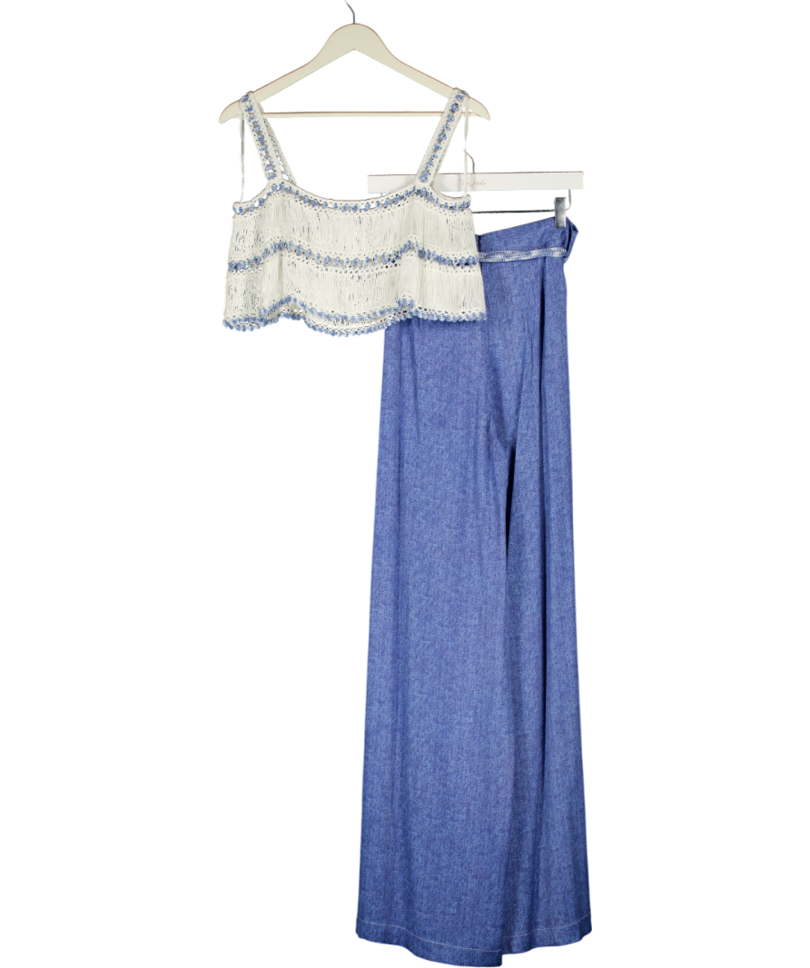 MY BEACHY SIDE Blue 2-piece Crochet Top And Wide Leg Trouser Set UK M