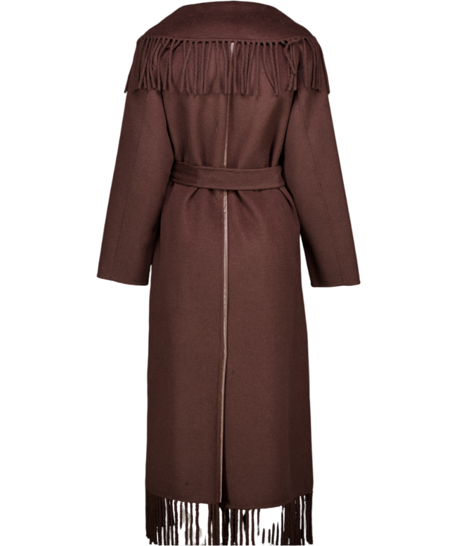 JONATHON SIMKHAI Brown Carrie Fringed Wool-blend Coat UK S