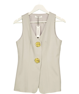 COMMENSE Textured Gold Button V-neck Waistcoat Top Light Grey UK M