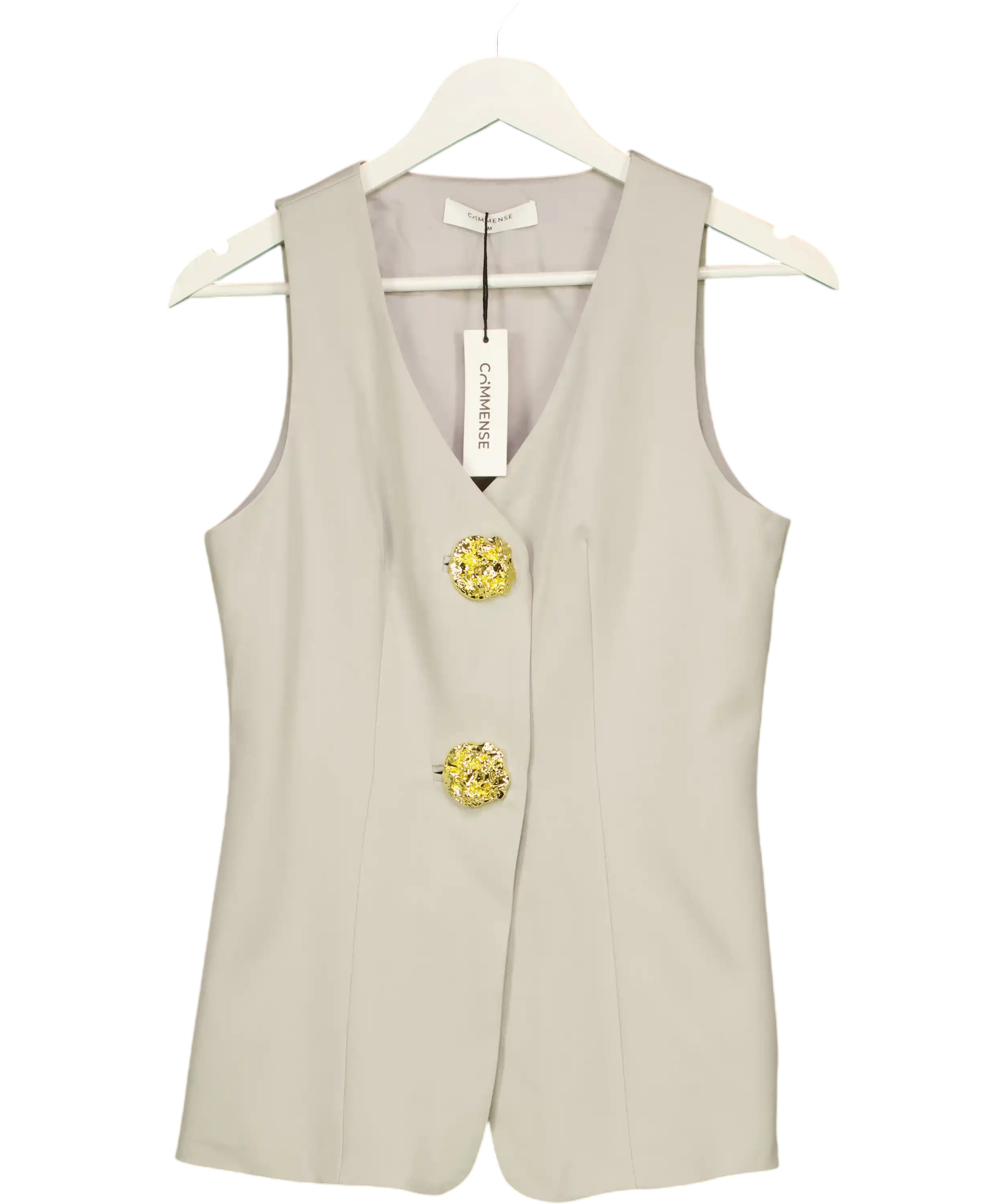 COMMENSE Textured Gold Button V-neck Waistcoat Top Light Grey UK M