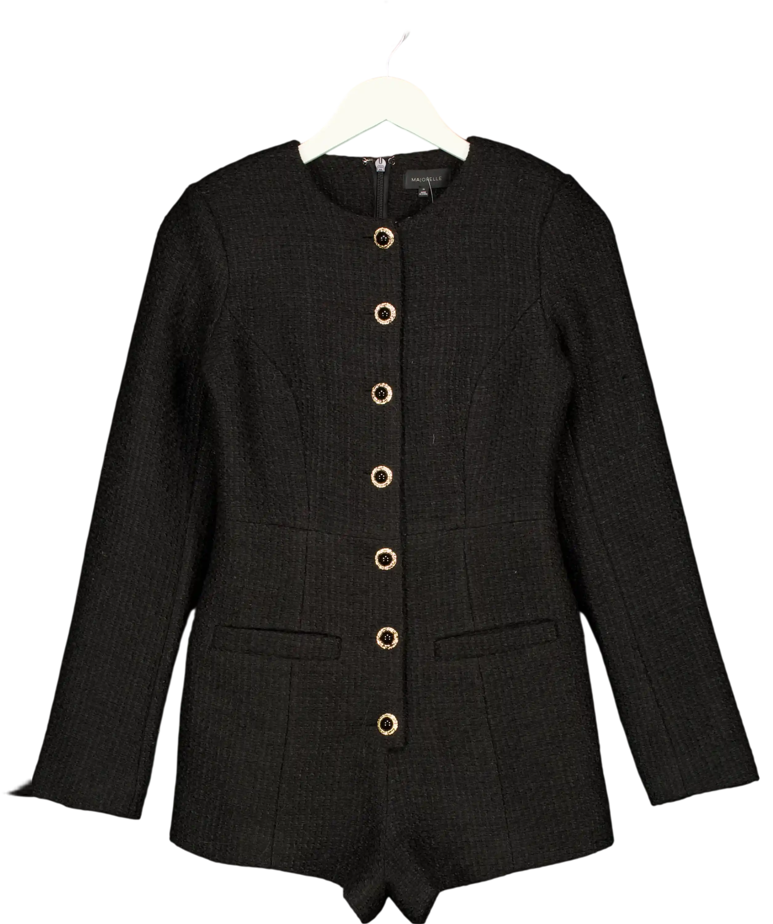 MAJORELLE Black Olivia Tweed Button Detail Playsuit UK XS
