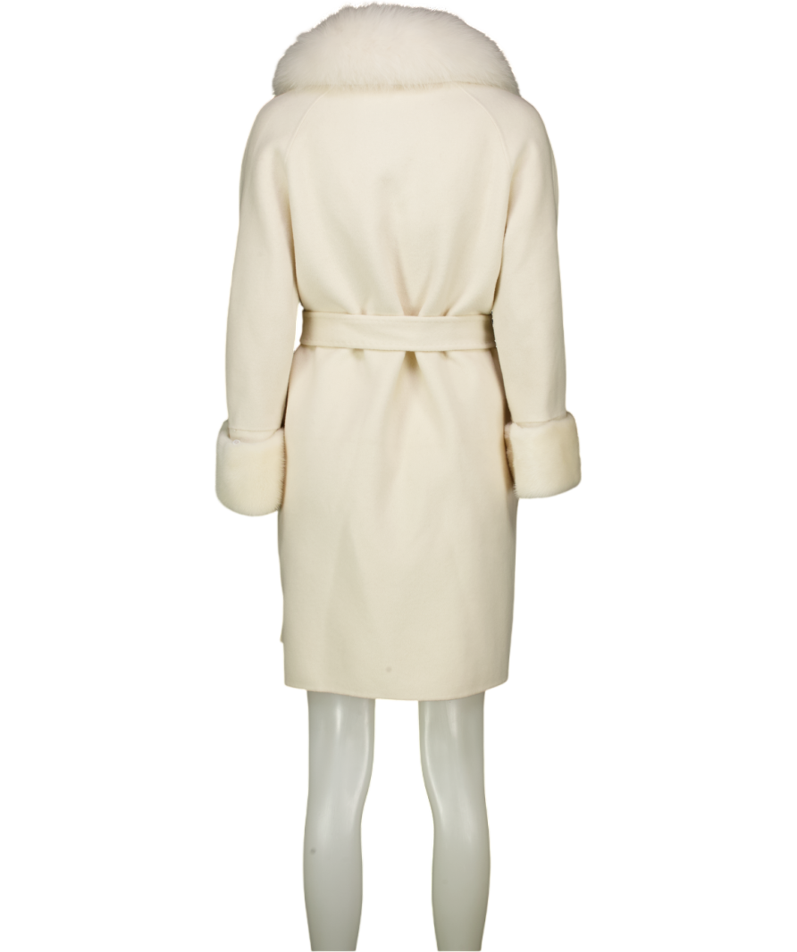 Ivory White Faux Fur Trim Alpaca Belted Jacket UK S