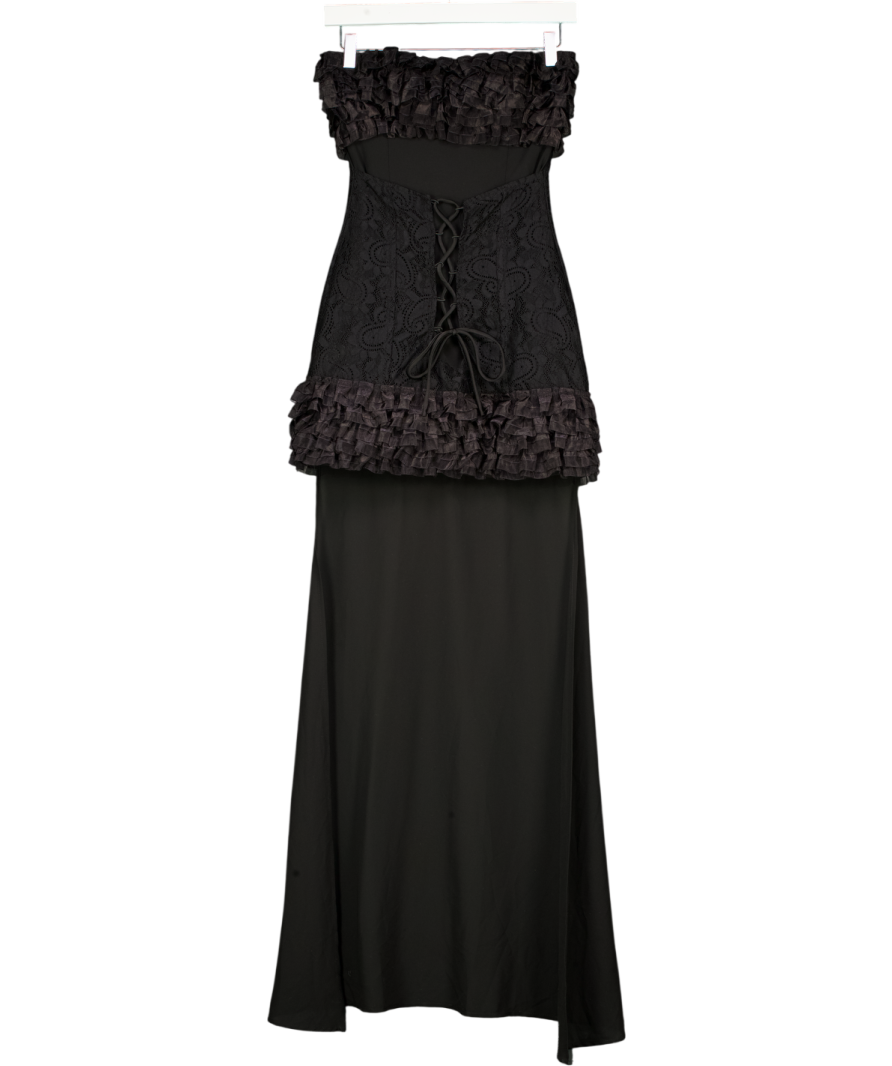 INNOVARE DENIM Black Begum Mesh Ruffle Lace Up Asymmetric Mini Dress UK S