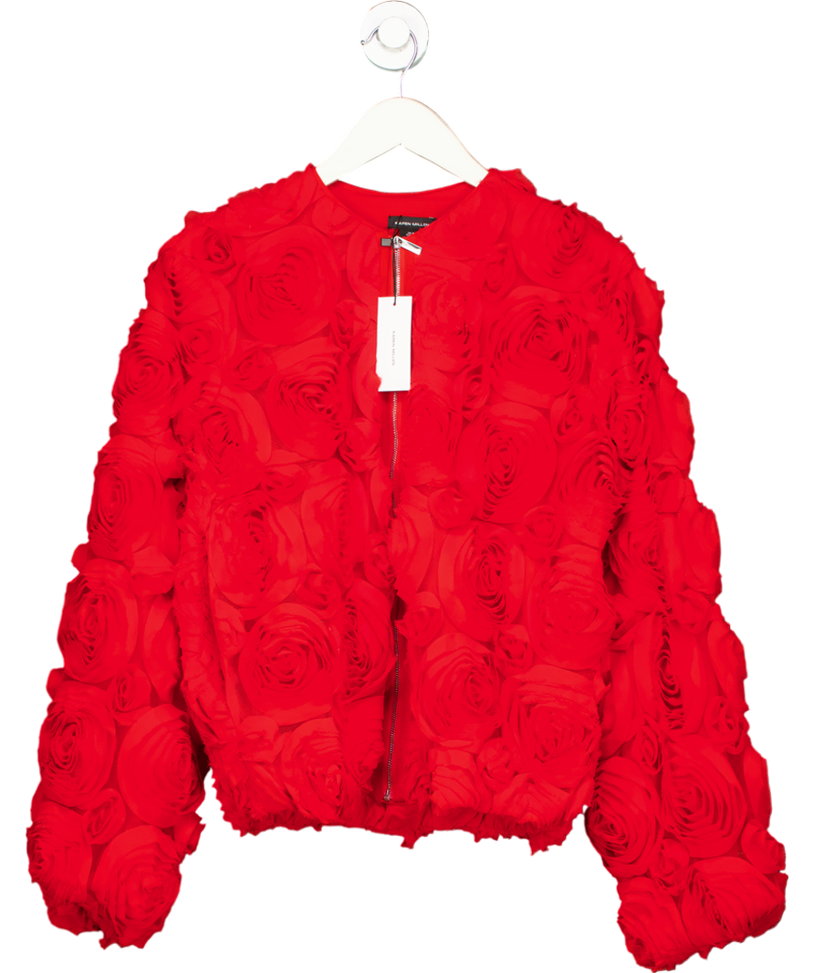 Karen Millen Red Crinkle Rosette Woven Bomber Jacket UK 8