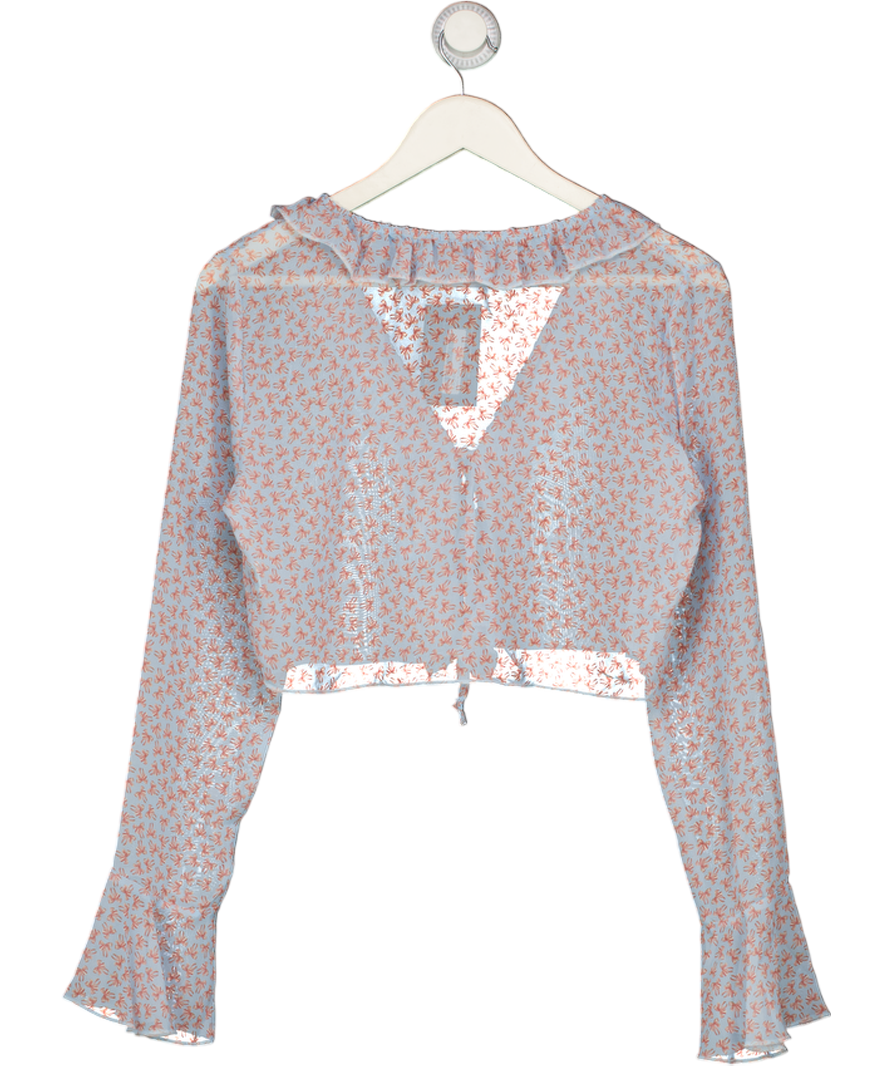 GRACE JACOBS Blue Bow-print Cropped Mesh Shirt UK M