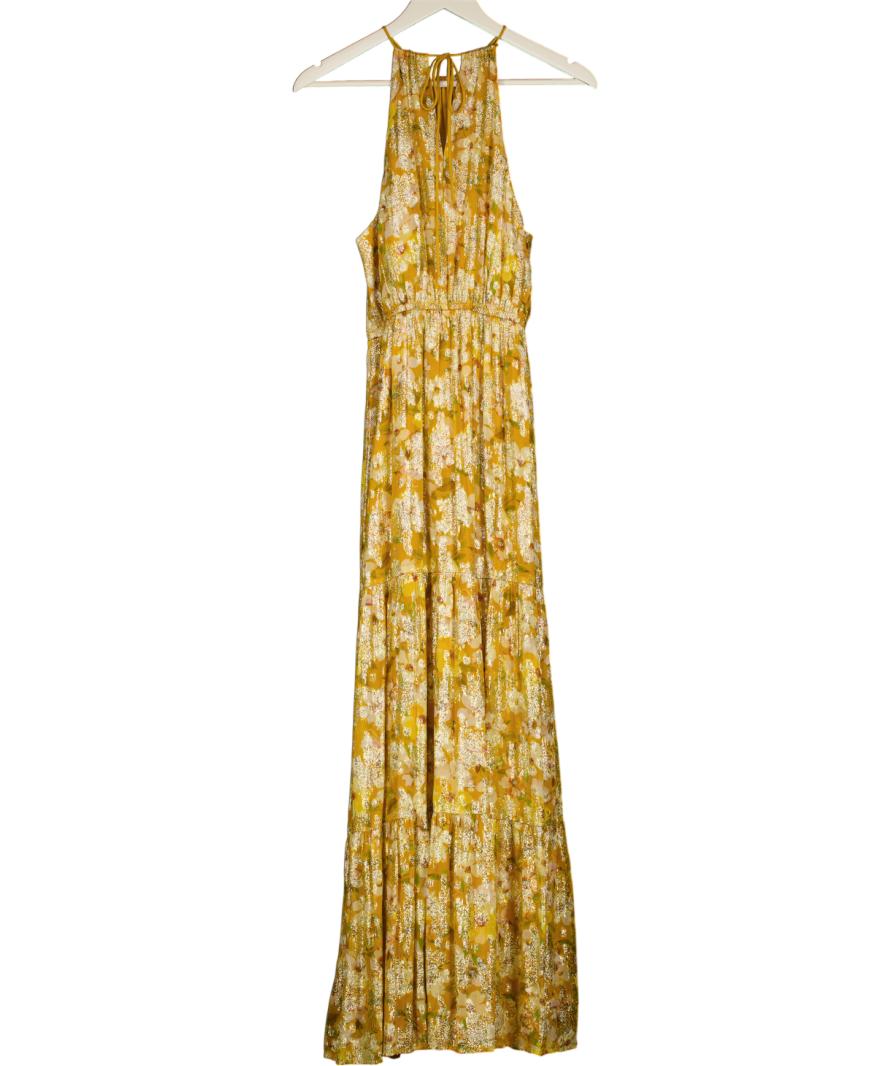 RIVER ISLAND Yellow Floral Metallic Thread Maxi Dress UK 8