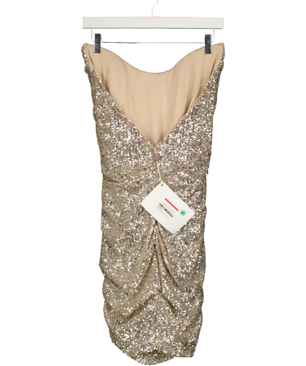 REEM ACRA Metallic Silver Sequin Ruche Strapless Mini Dress Us4 UK 8