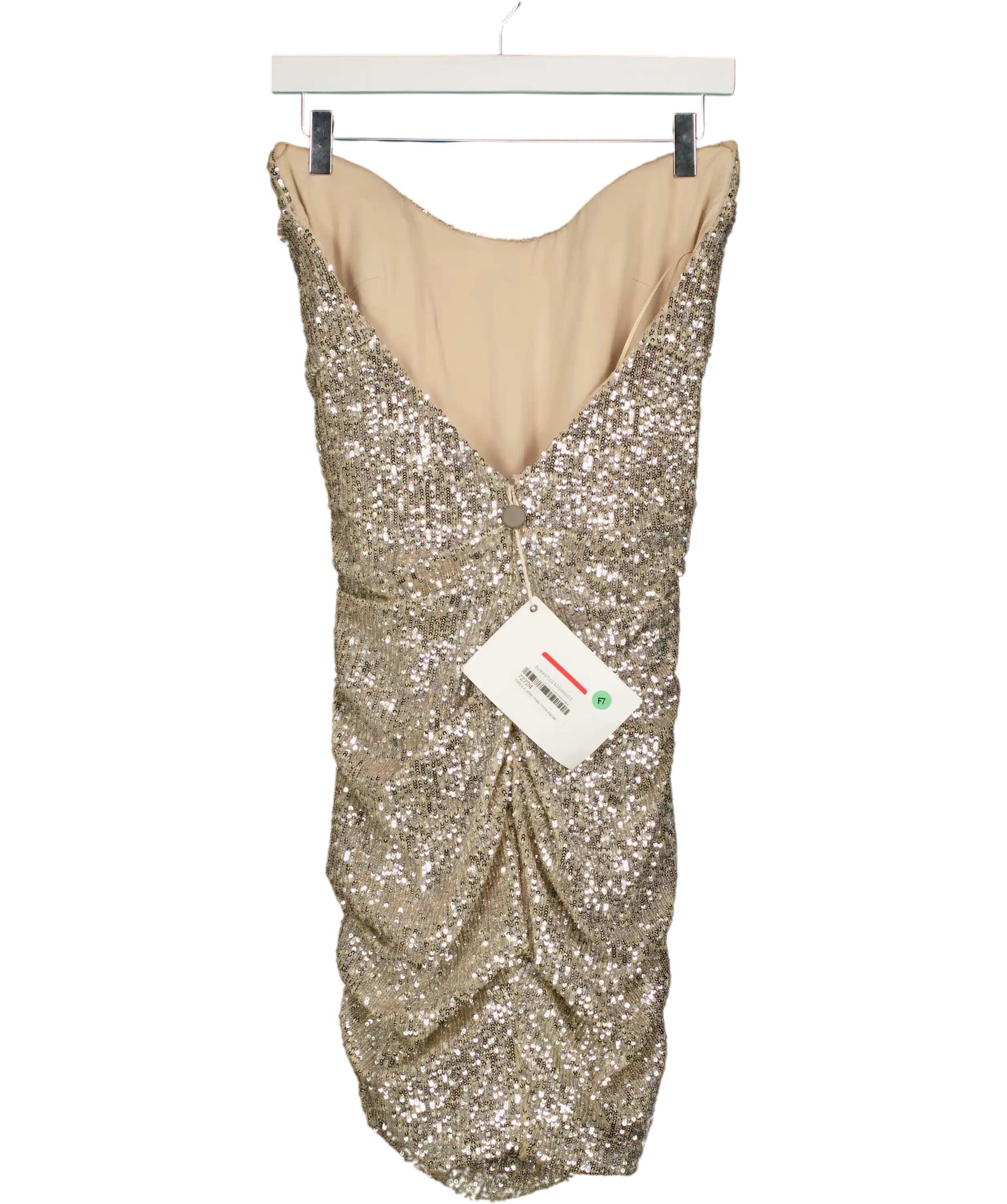 REEM ACRA Metallic Silver Sequin Ruche Strapless Mini Dress Us4 UK 8