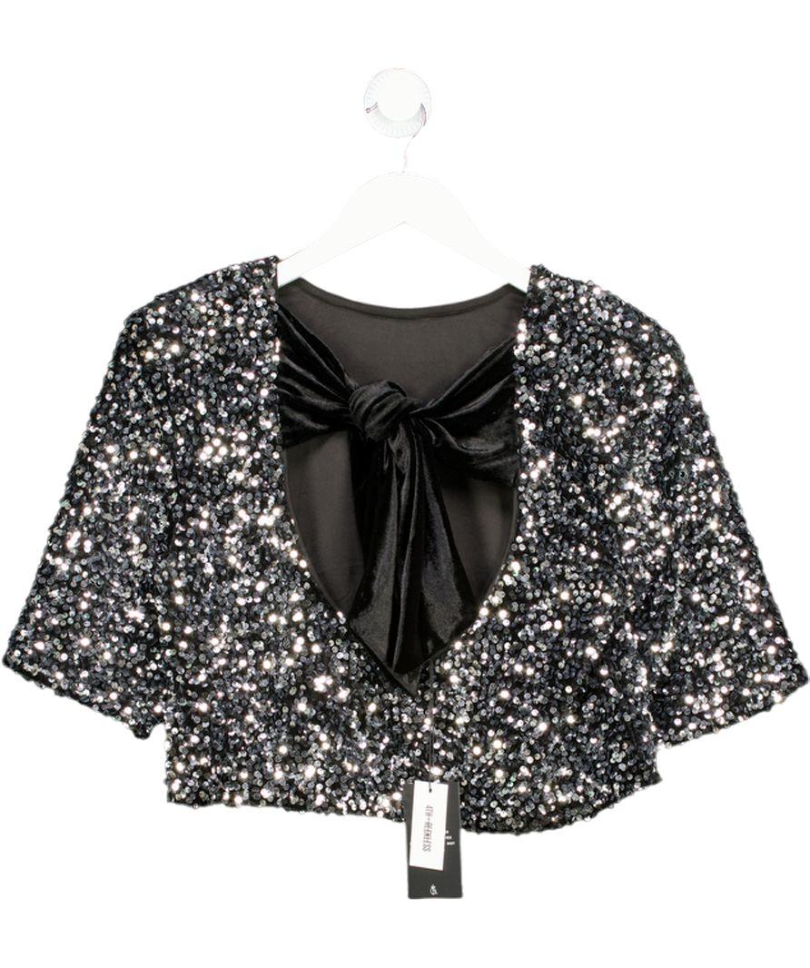 4th & Reckless Josephine Black Sequin Boxy Crop T-shirt UK 8