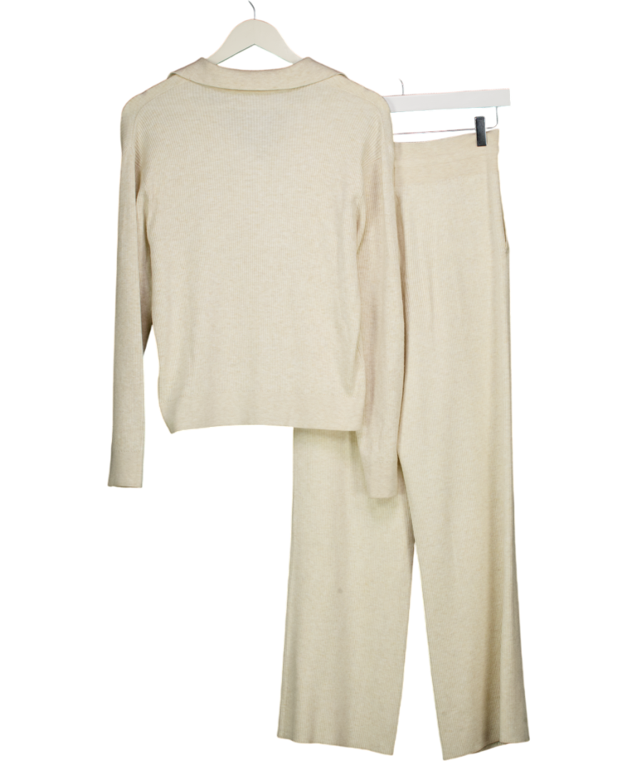 Uniqlo Cream 2-piece Machine Washable Ribbed Knit Collared Polo Top & Wide Leg Lounge Trouser Set UK M