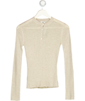 LIME Beige Ribbed Wool Blend Henley Top UK XS