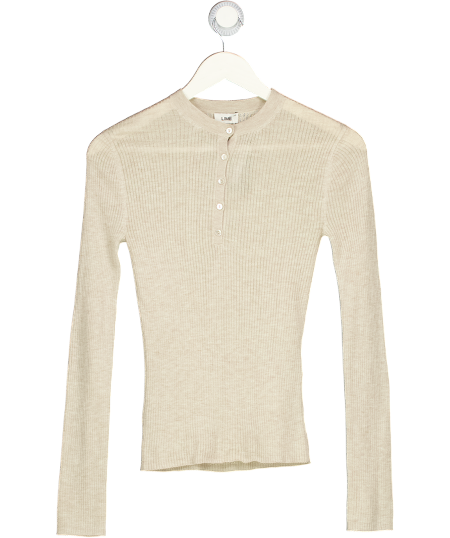 LIME Beige Ribbed Wool Blend Henley Top UK XS