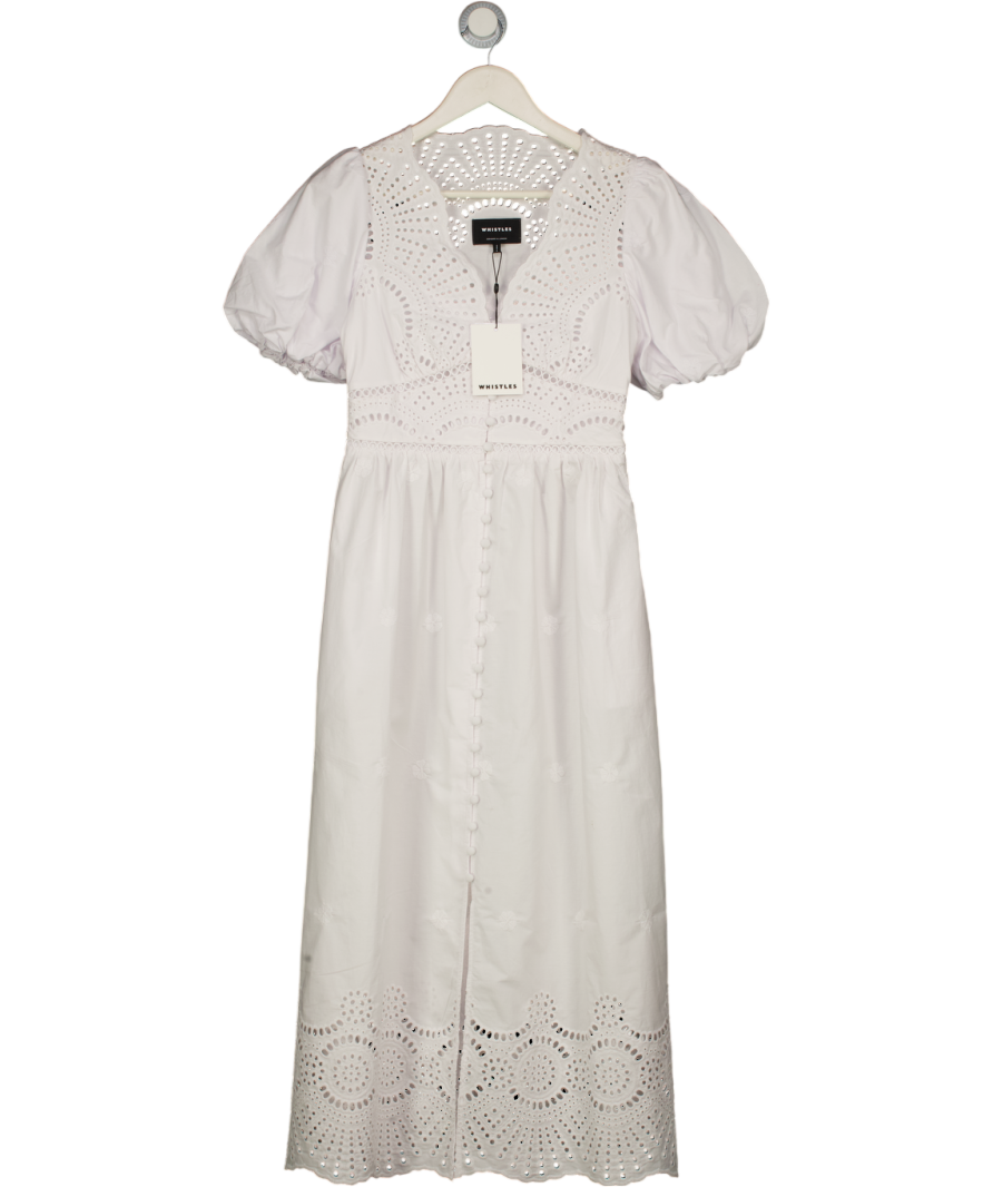 WHISTLES White Cotton Broderie V Neck Dress UK 6