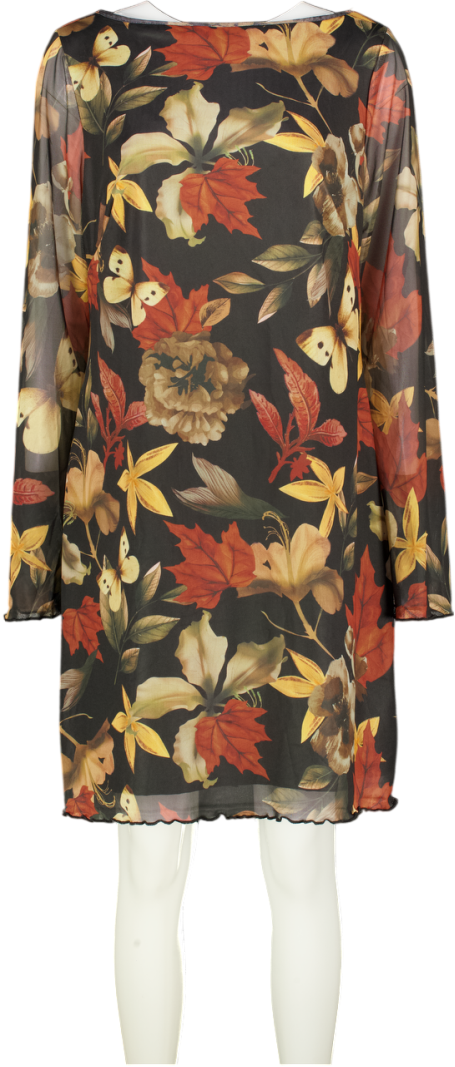Black Double Layer Leaf Print Mesh Mini Dress UK XXL