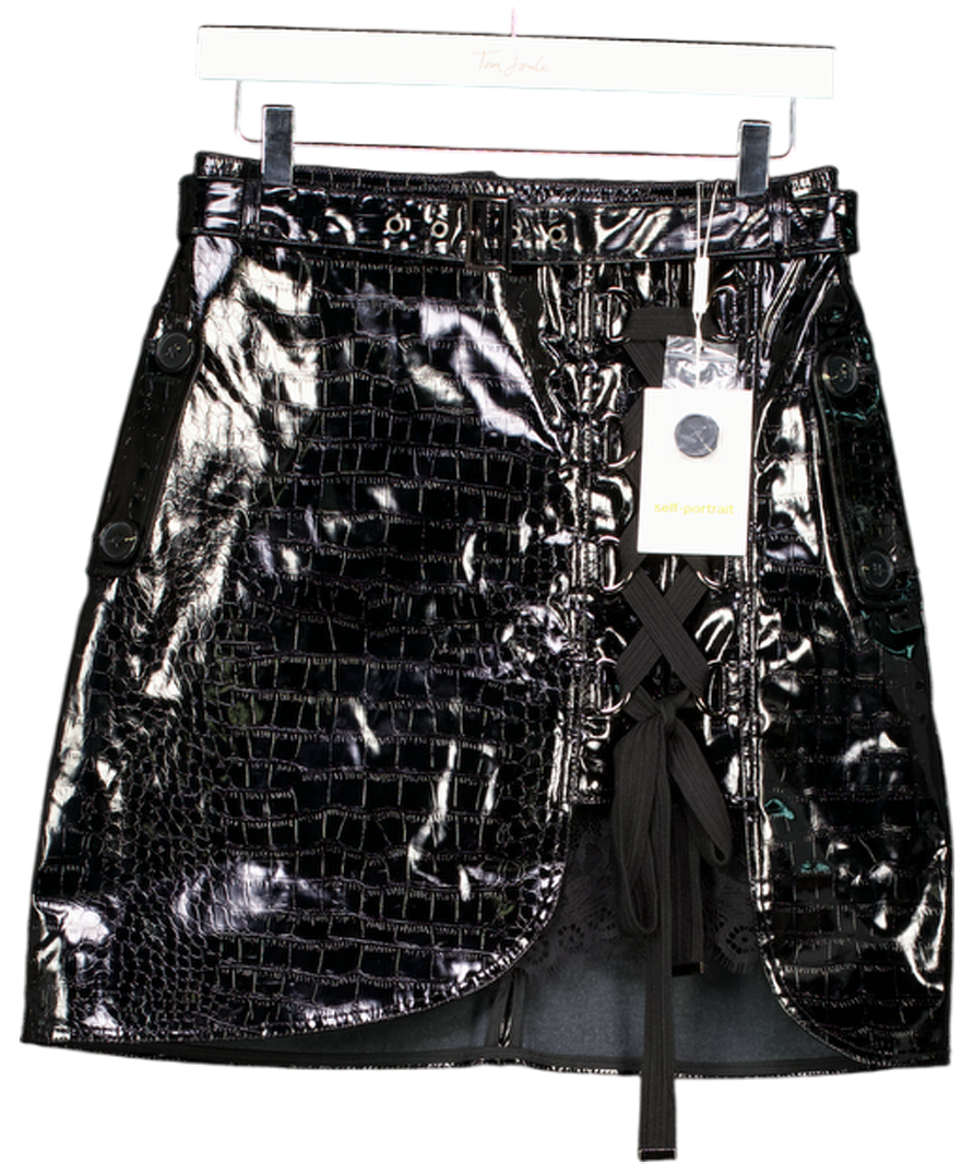 Self-Portrait Black Faux Leather Front Mini Skirt With Lace Detail UK 10