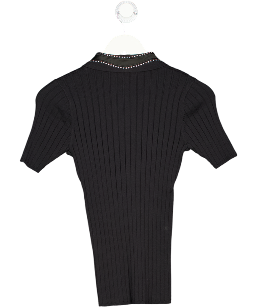 SANDRO Black Ribbed Embellished Collar Knit Polo UK 8