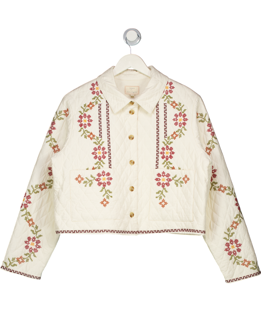 Sezane Cream X Lucia Vergara  Liah Quilted Jacket Ecru With Jazmin Embroidery UK 14