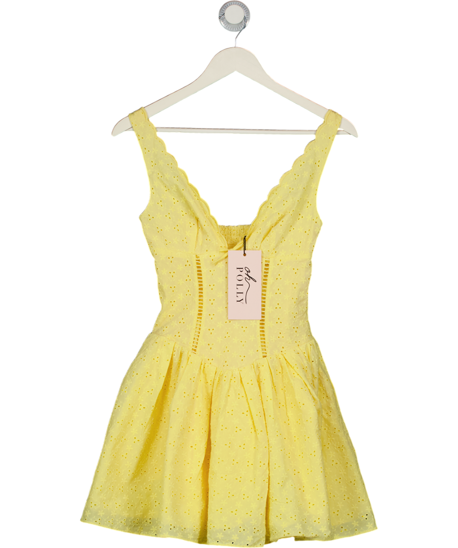 Oh Polly Sabina Broderie Anglaise Bow-detail A-line Mini Dress In Pastel Yellow UK 6
