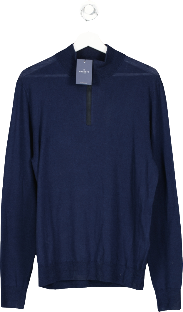 Hackett Blue Merino Wool/silk Half-zip Jumper With Elbow Patches BNWT UK L